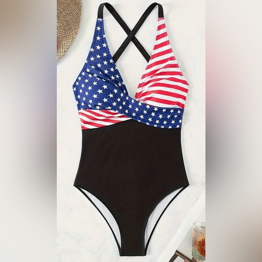 American Flag Stars Stripes V Neck Swimsuit - Picture 2 of 8